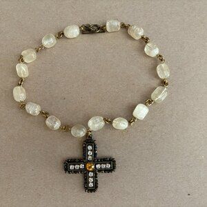 Vintage Gerard Yosca signed cream agate, goldtone metal and cross necklace
